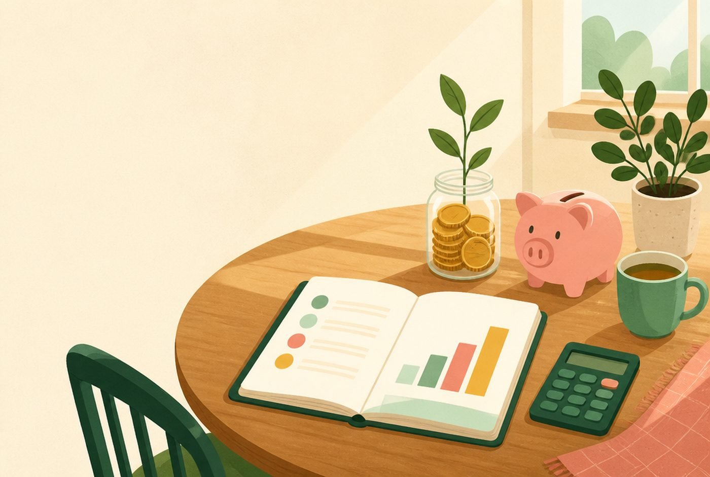 Illustrated kitchen table with a budget planner, a coin jar with a sprout, a piggy bank and a calculator