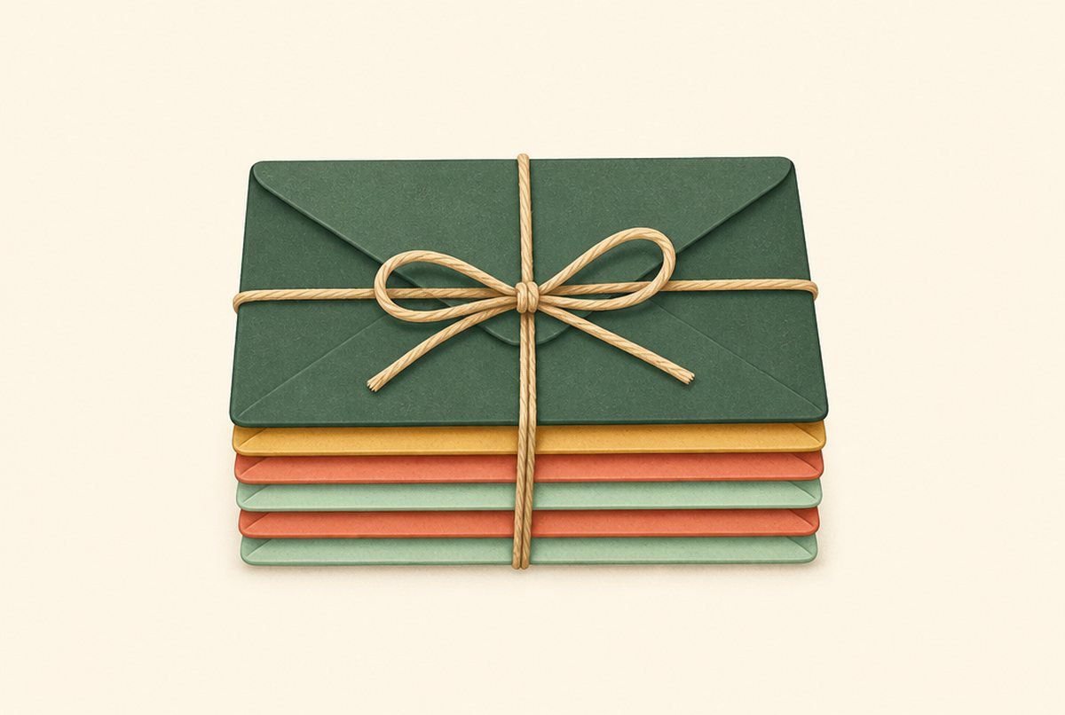 Stack of five colored envelopes tied with a beige string in a bow; green on top with pastel colors beneath.