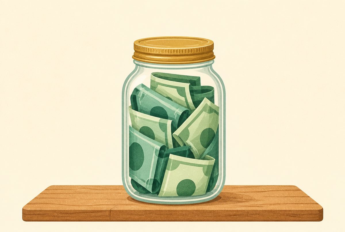 Glass jar filled with folded dollar bills on a wooden shelf, representing savings.