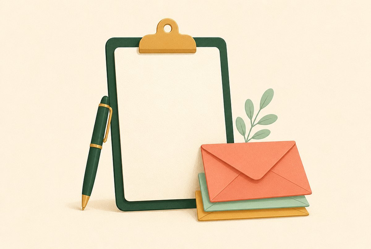 Free Monthly Bill Tracker Printable and Bill Calendar Green clipboard with a blank sheet, a green and gold pen, and a stack of pastel envelopes with a small leafy sprig nearby.