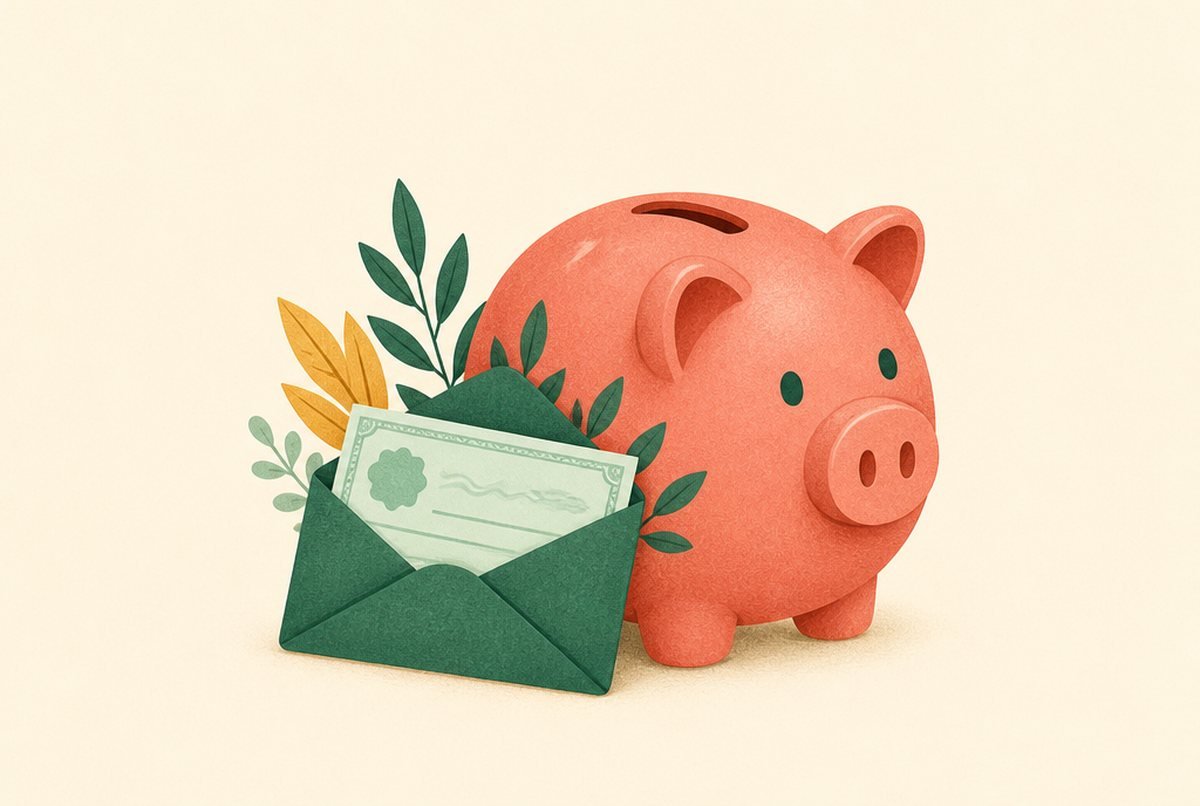 Pink piggy bank with an envelope of cash and green leaves, symbolizing savings and financial growth.