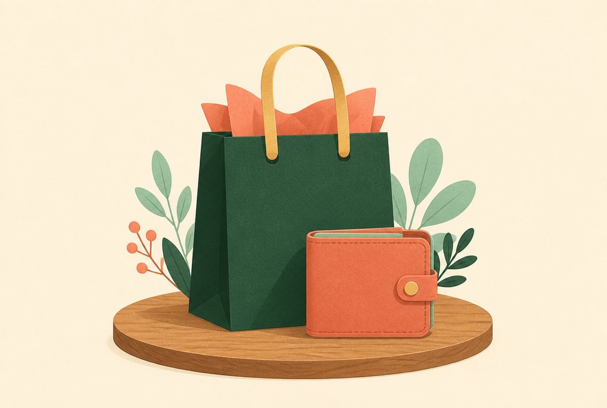 Green shopping bag with yellow handles beside an orange wallet on a round wooden platform, with leafy plants in the background.