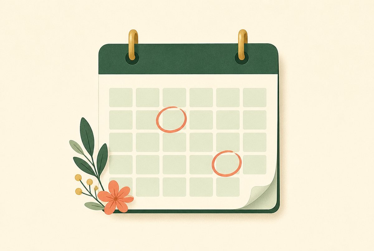 Illustrated calendar with two dates circled in red and a decorative plant in the lower-left corner.