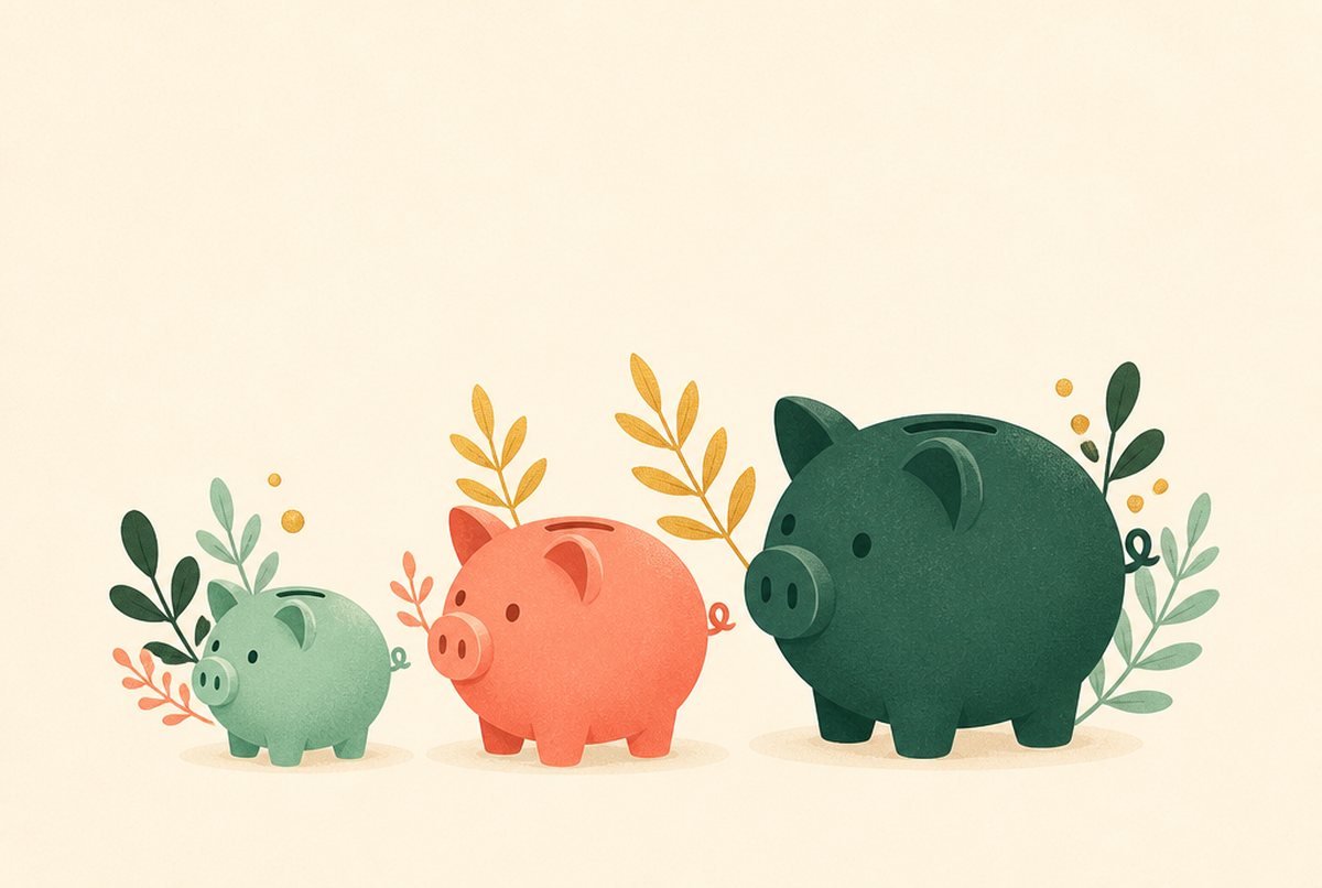 Three cartoon pigs in mint green, pink, and dark green colors, walking in a row with decorative plants around them.