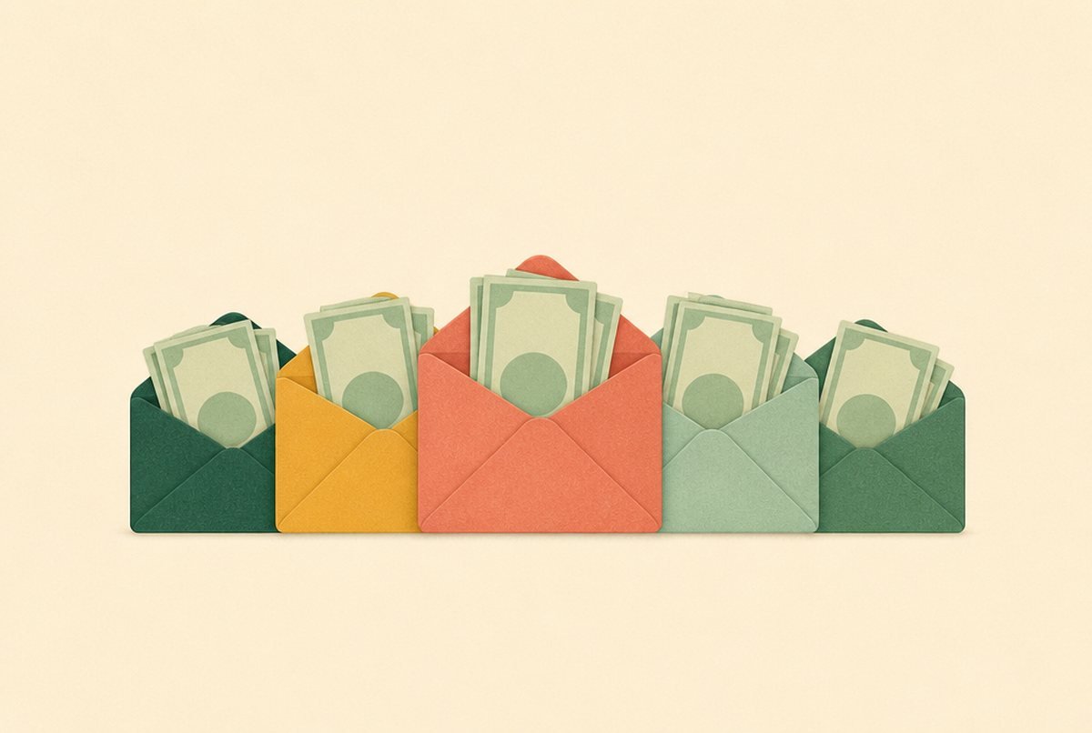 Row of colored envelopes stuffed with cash, in varying green, yellow, and red hues, laid in a line.