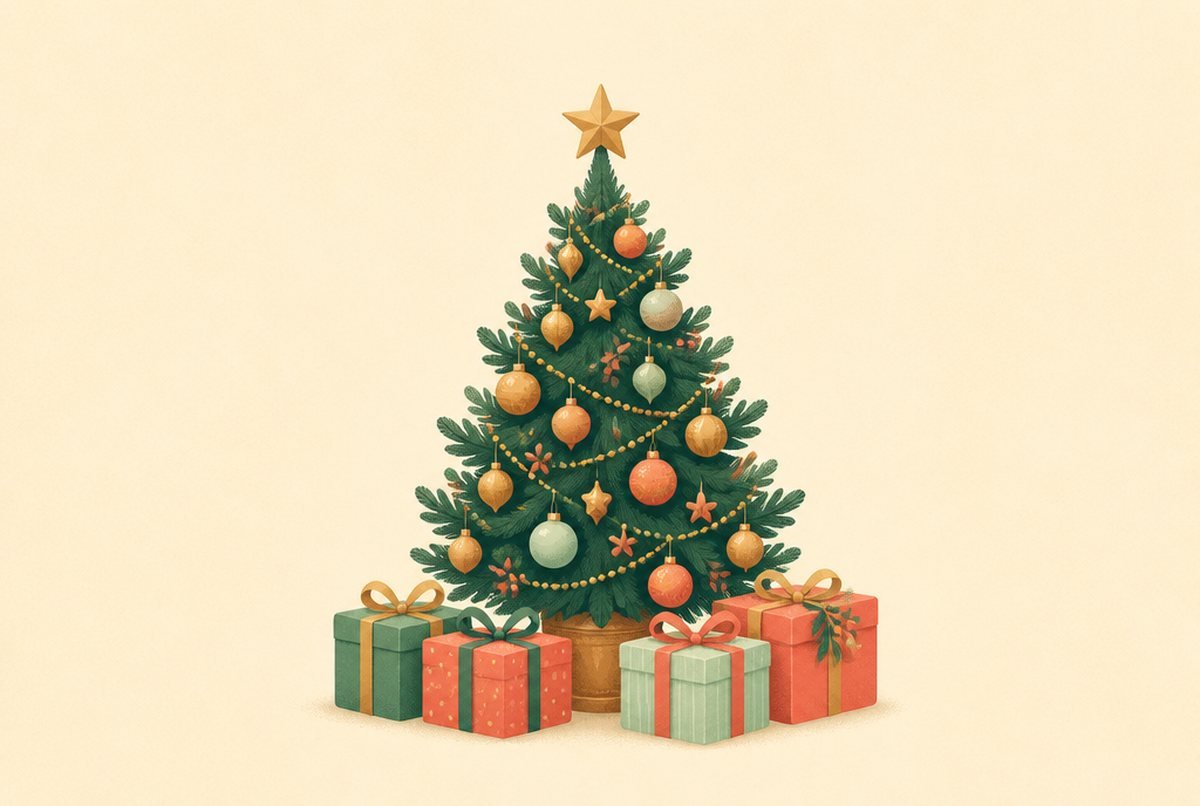 Decorated Christmas tree with gold and red ornaments and wrapped gifts beneath the tree.