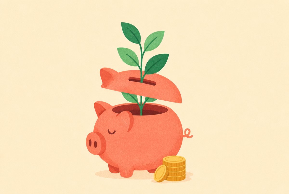 Pink piggy bank with a plant growing from its slot and a small stack of coins beside it, symbolizing savings growth.