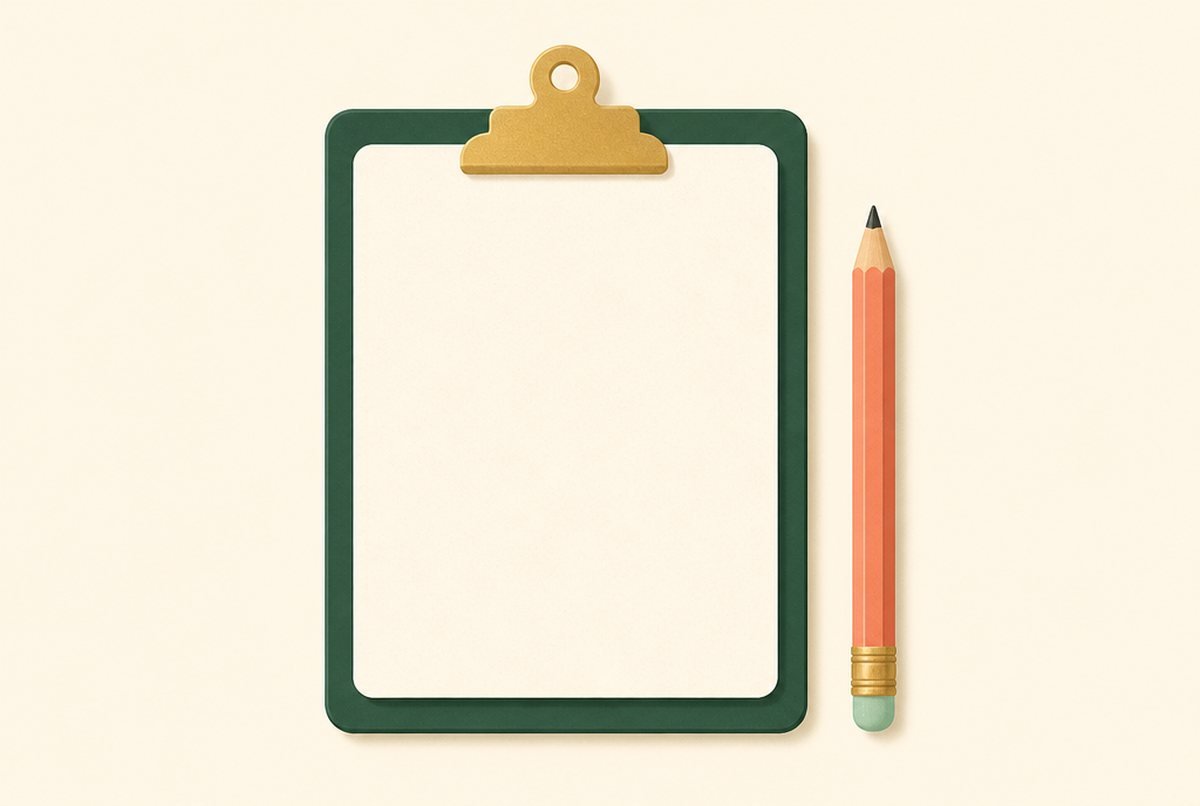 Green clipboard with a blank sheet and a pink pencil on a pale yellow background, ready to write. (Informative)