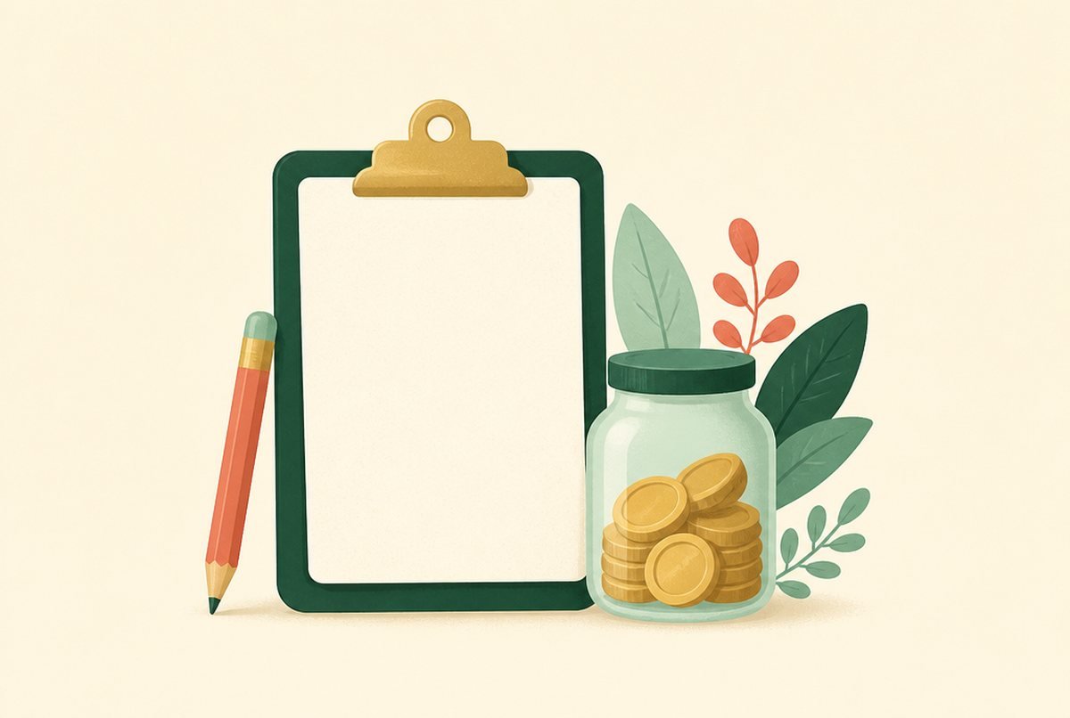 Clipboard with a blank sheet, a red pencil, and a jar of coins beside green leaves (savings theme).