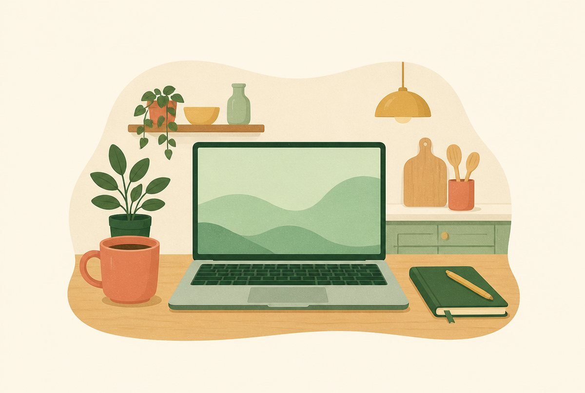 Laptop on a wooden desk with a green plant, mug, and notebook in a cozy, home-office setting.