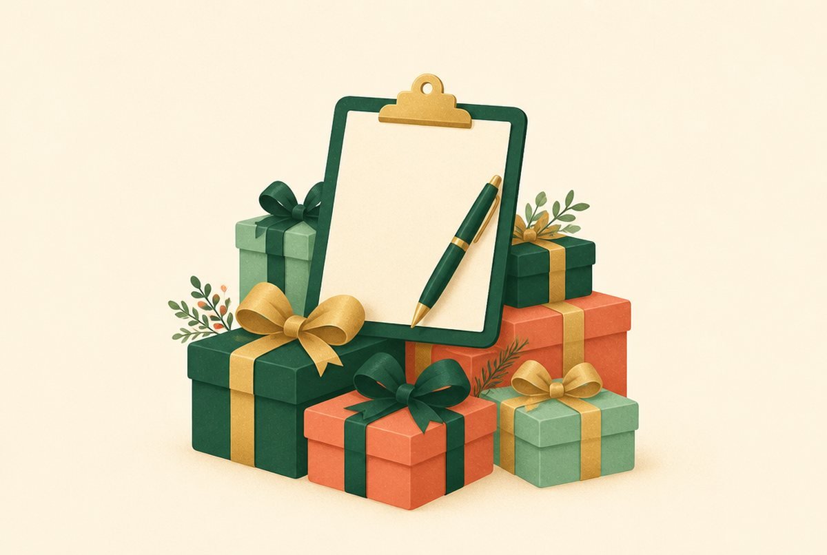 Assorted gift boxes with gold and green ribbons arranged around a green clipboard and gold-trimmed pen on a light background.