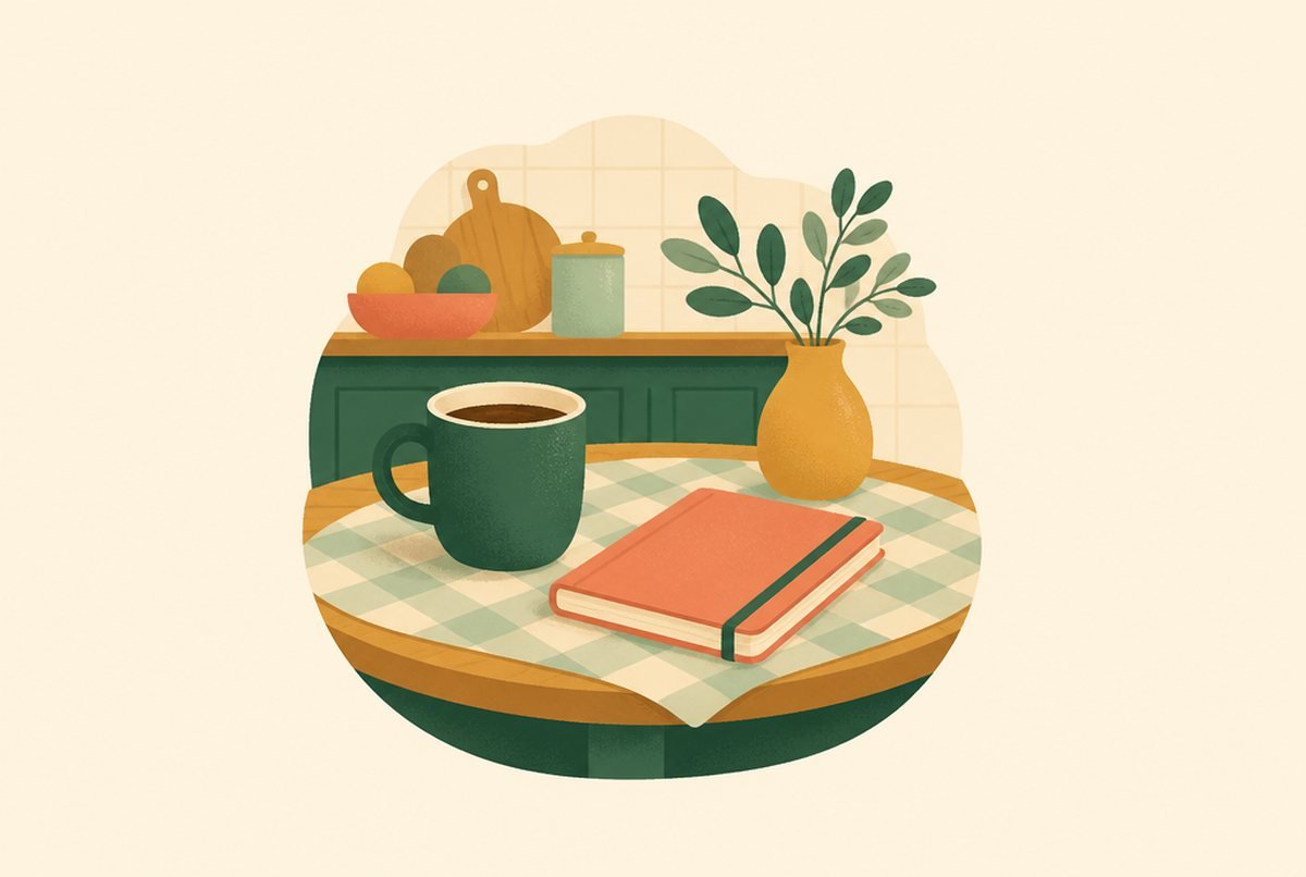 Illustration of a green mug of coffee on a checkered tablecloth with a red notebook and a yellow vase with greenery on a kitchen table.