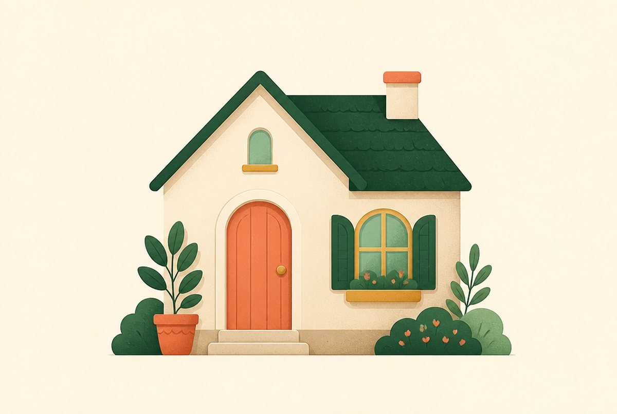 Cozy illustrated cottage with a green roof, orange door, arched window, and surrounding plants.
