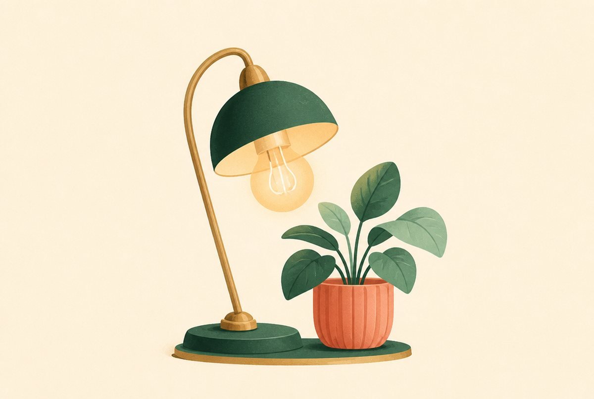 Green and gold desk lamp with a curved stem, its lit bulb glowing beside a leafy plant in a terracotta pot on a beige background, illustration.