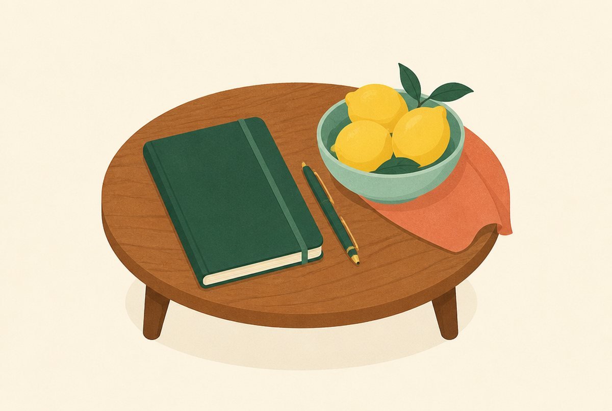 Meal Planning on a Budget: A Simple 5-Step System Round wooden table with a green notebook, a pencil, and a bowl of lemons resting on a peach cloth.