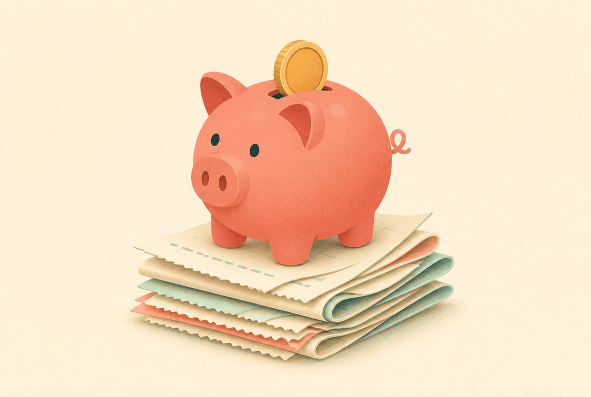 Piggy bank with a coin dropping into its slot, sitting on a stack of receipts or papers (savings concept).