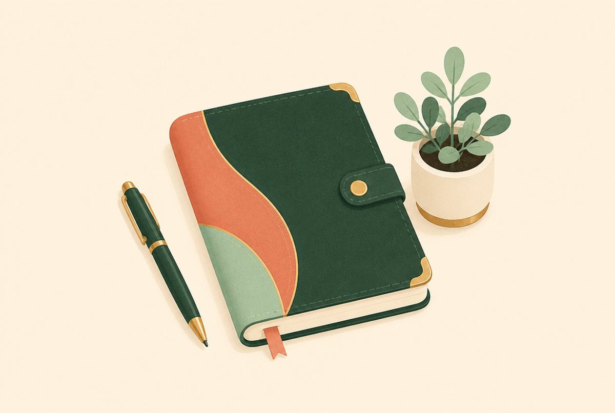 Green and orange leather notebook with a clasp, gold accents, and a matching pen on a beige background next to a small potted plant.