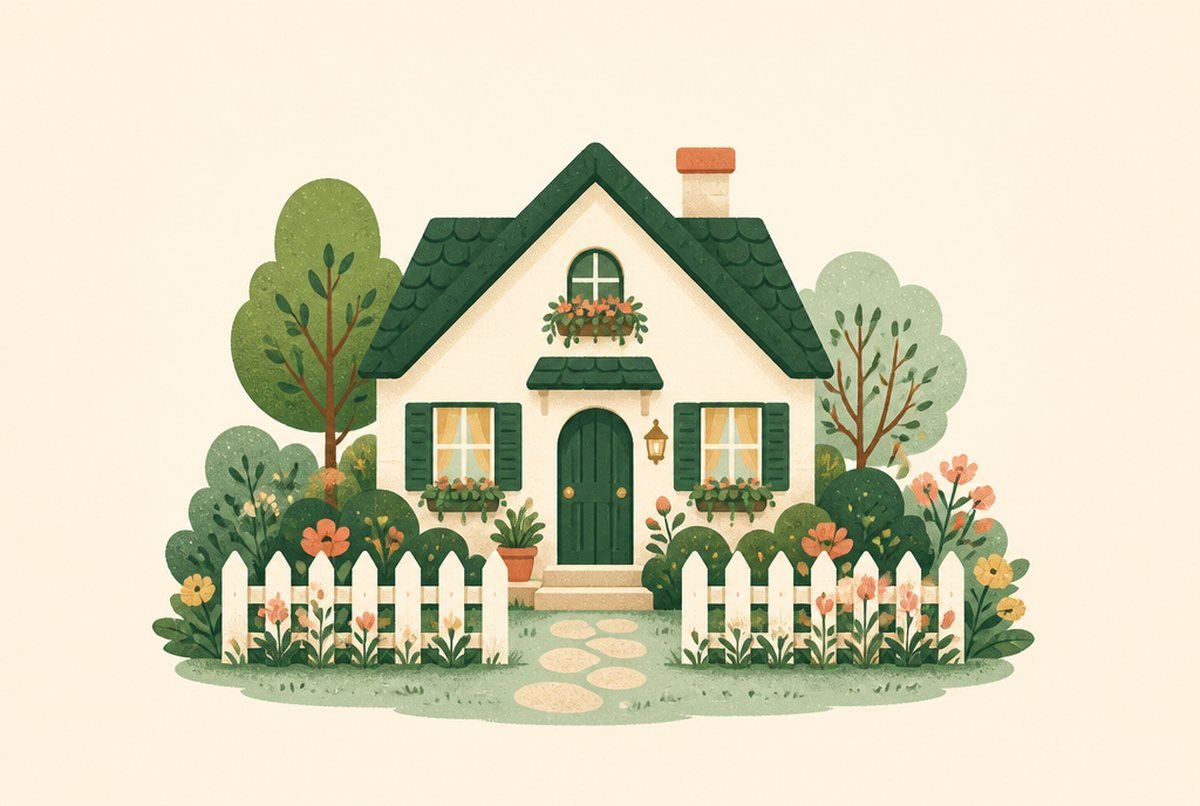 Illustration of a cozy cottage with a green roof, white picket fence, and a lush garden.