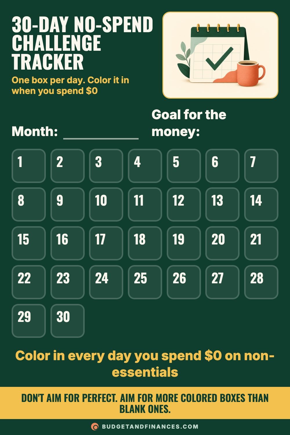Printable 30-day no-spend challenge calendar tracker with fields for month and savings goal