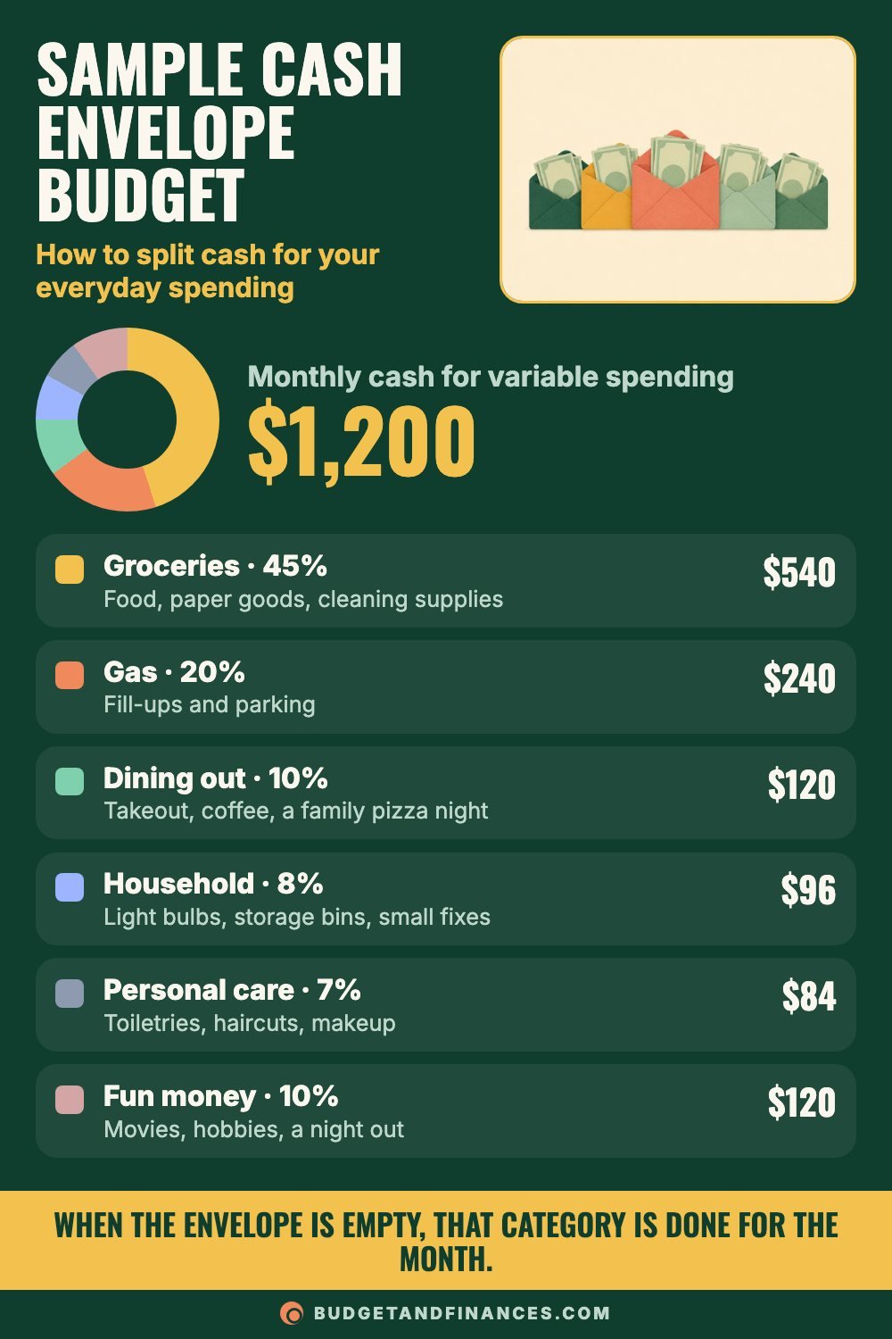 Cash envelope budget breakdown of $1,200 a month across six envelopes including groceries, gas and dining out