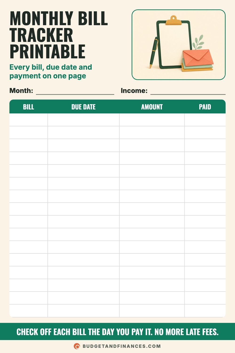 Blank printable monthly bill tracker with columns for bill, due date, amount and paid