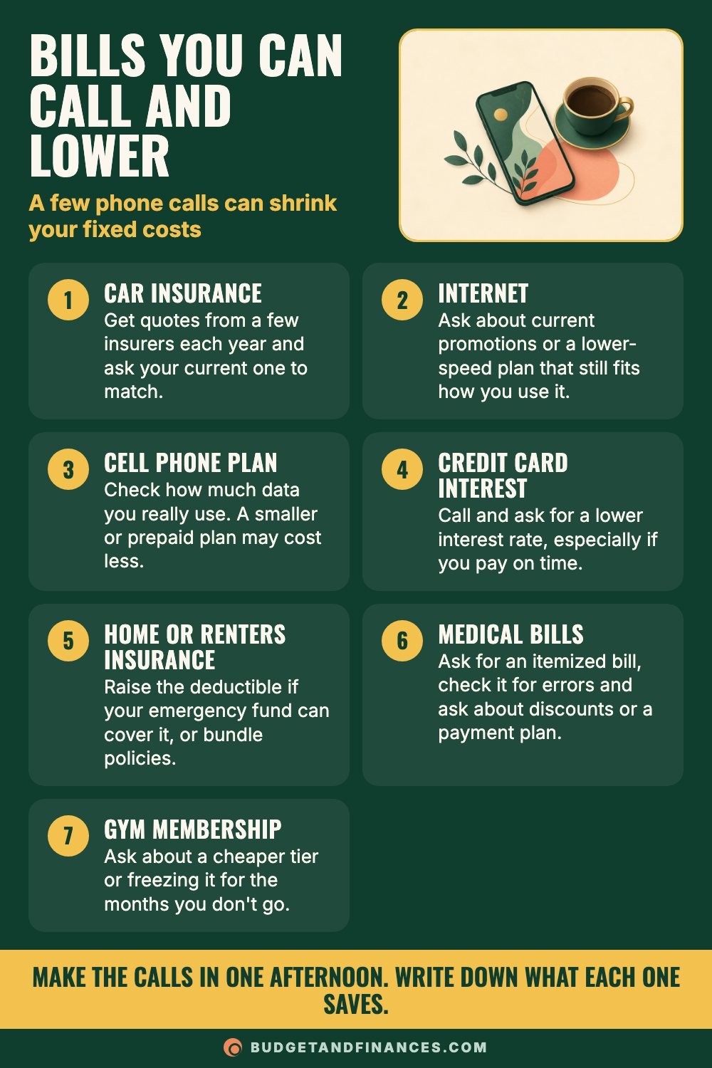Seven numbered tips for lowering monthly bills by calling providers
