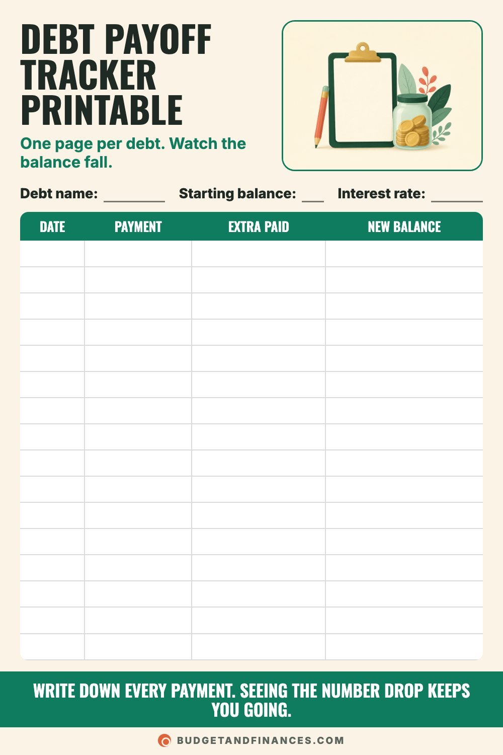 Blank printable debt payoff tracker with fields for debt name, starting balance and rate, and a table for payments