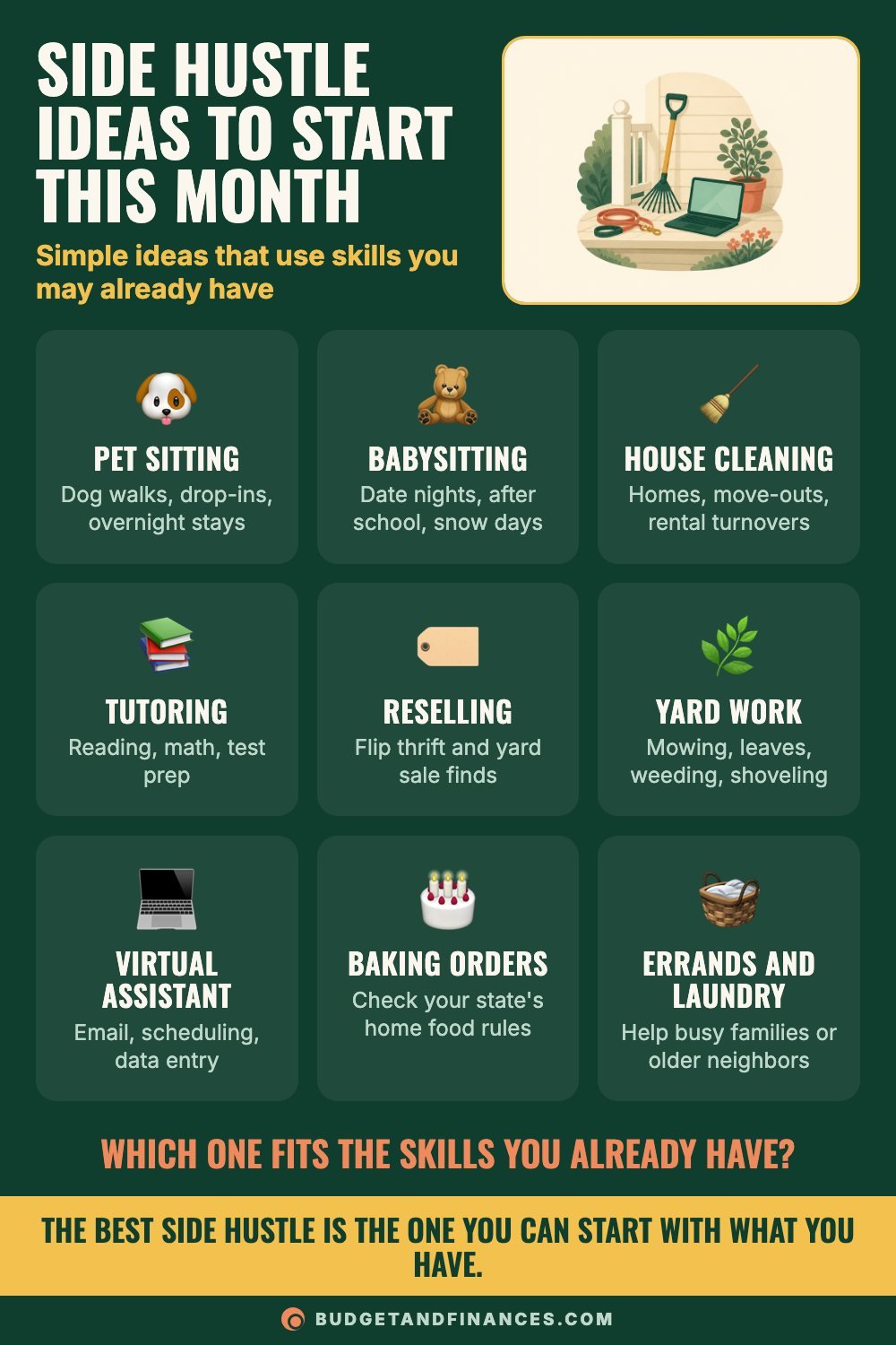 Grid of nine side hustle ideas including pet sitting, babysitting, tutoring, reselling and virtual assistant work