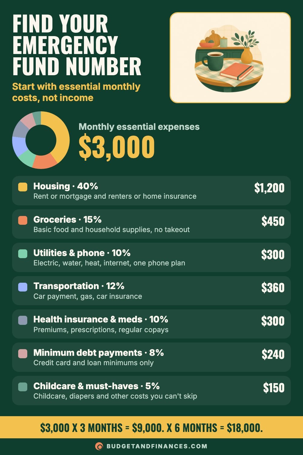 Breakdown of $3,000 in essential monthly expenses used to calculate a 3 to 6 month emergency fund