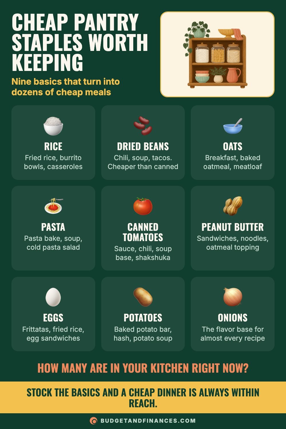 Infographic grid of nine cheap pantry staples like rice, dried beans, oats and pasta, each with meals it can make