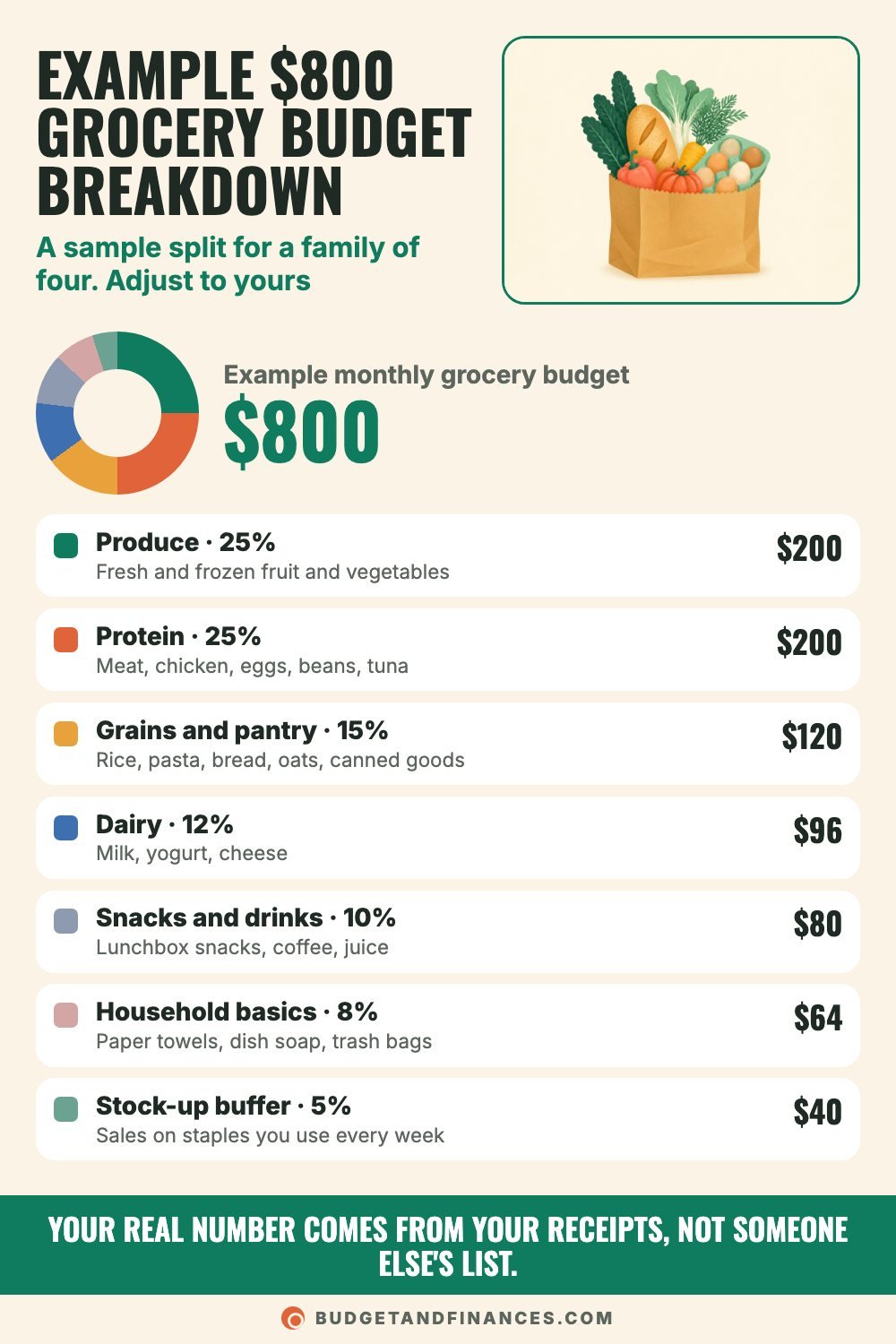 Budget breakdown infographic splitting an example $800 monthly grocery budget into seven food and household categories