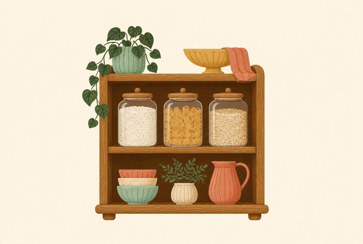 Wooden shelf with three glass jars of pasta, decorative bowls, a potted plant, and a ceramic pitcher on a beige background (cozy kitchen decor).