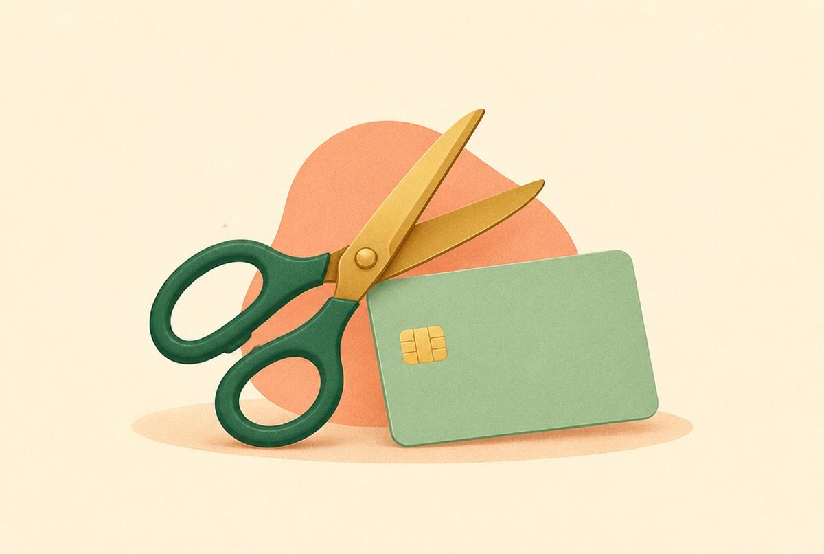 Illustration of green-handled scissors cutting a green credit card against a peach abstract backdrop.