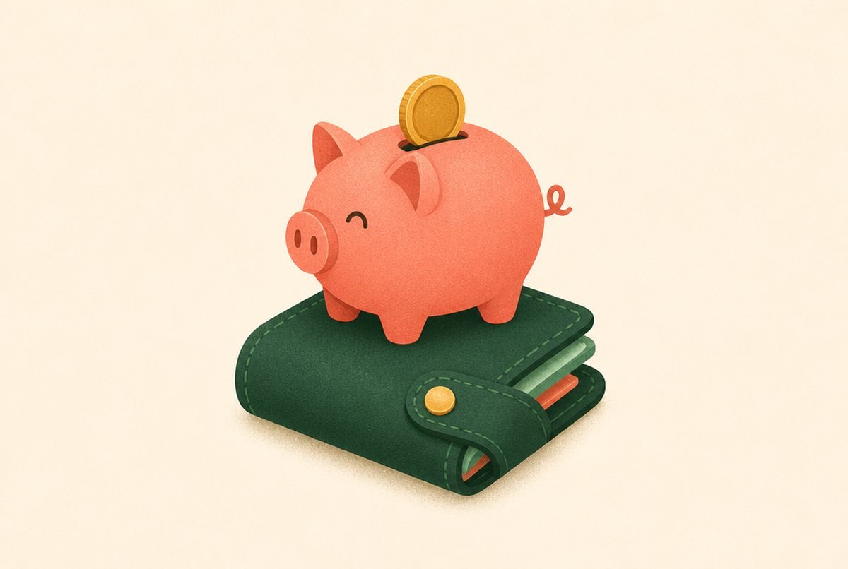 Pink piggy bank with a coin on its slot, perched on a dark green wallet, illustrating savings concepts