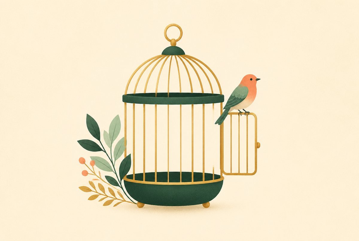Decorative illustration of a gold and green birdcage with a small orange bird perched on the open side door and leaves at the base.