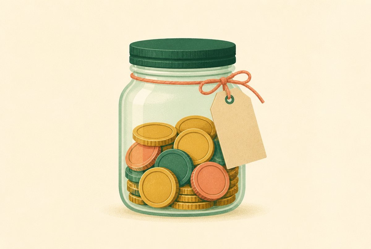 Glass jar filled with coins in gold, green, and copper tones, with a blank tag attached by a string.