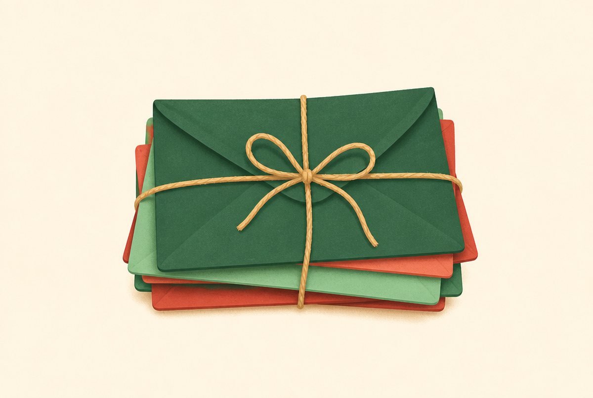 Stack of green and red envelopes tied with twine, arranged like a gift on a light background