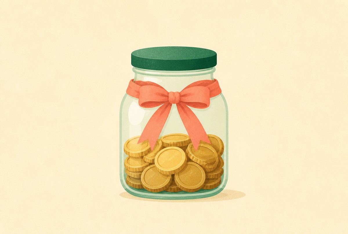 Glass jar with a green lid filled with gold coins, tied with a pink ribbon against a pale beige background,