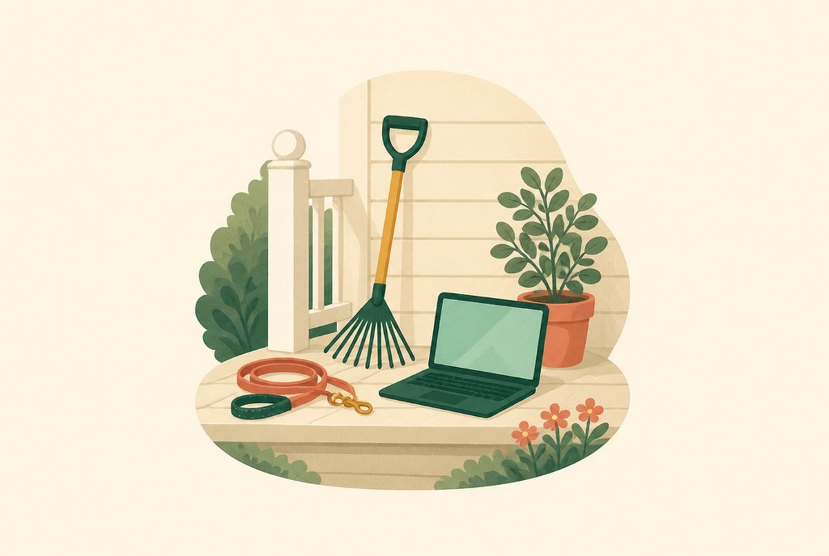 Illustration of a small porch scene with a rake, laptop, garden hoses, belts, potted plant, shrubs, and flowers.