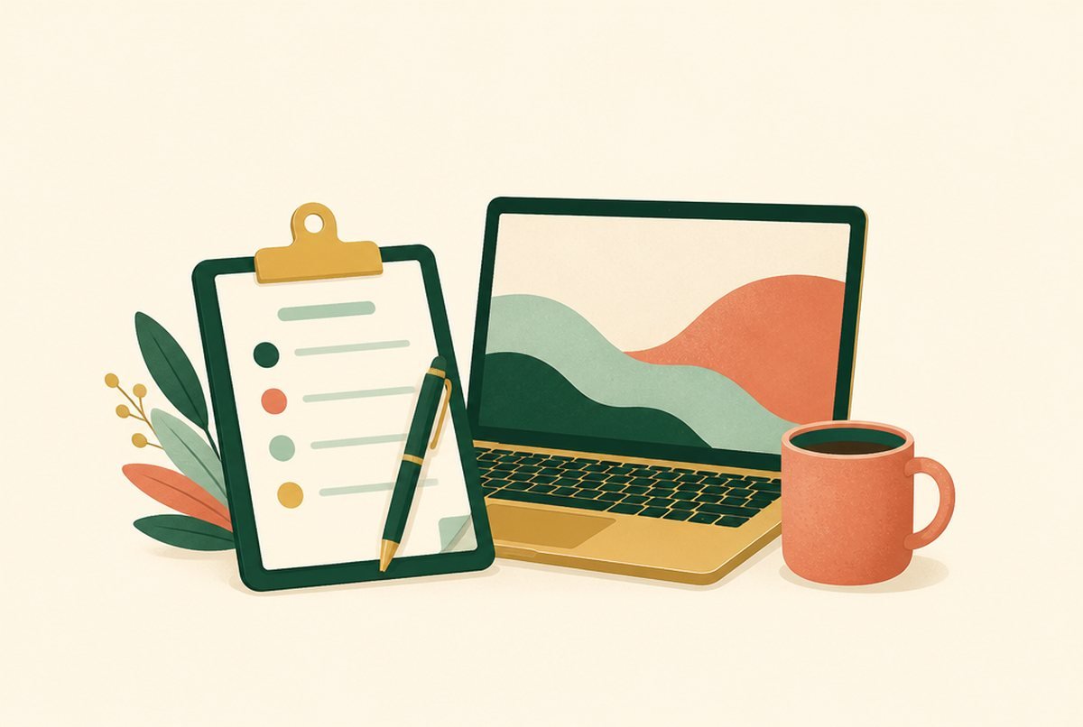 Clipboard with checklist, pen, laptop showing abstract landscape, and a coffee mug—representing a home office setup.