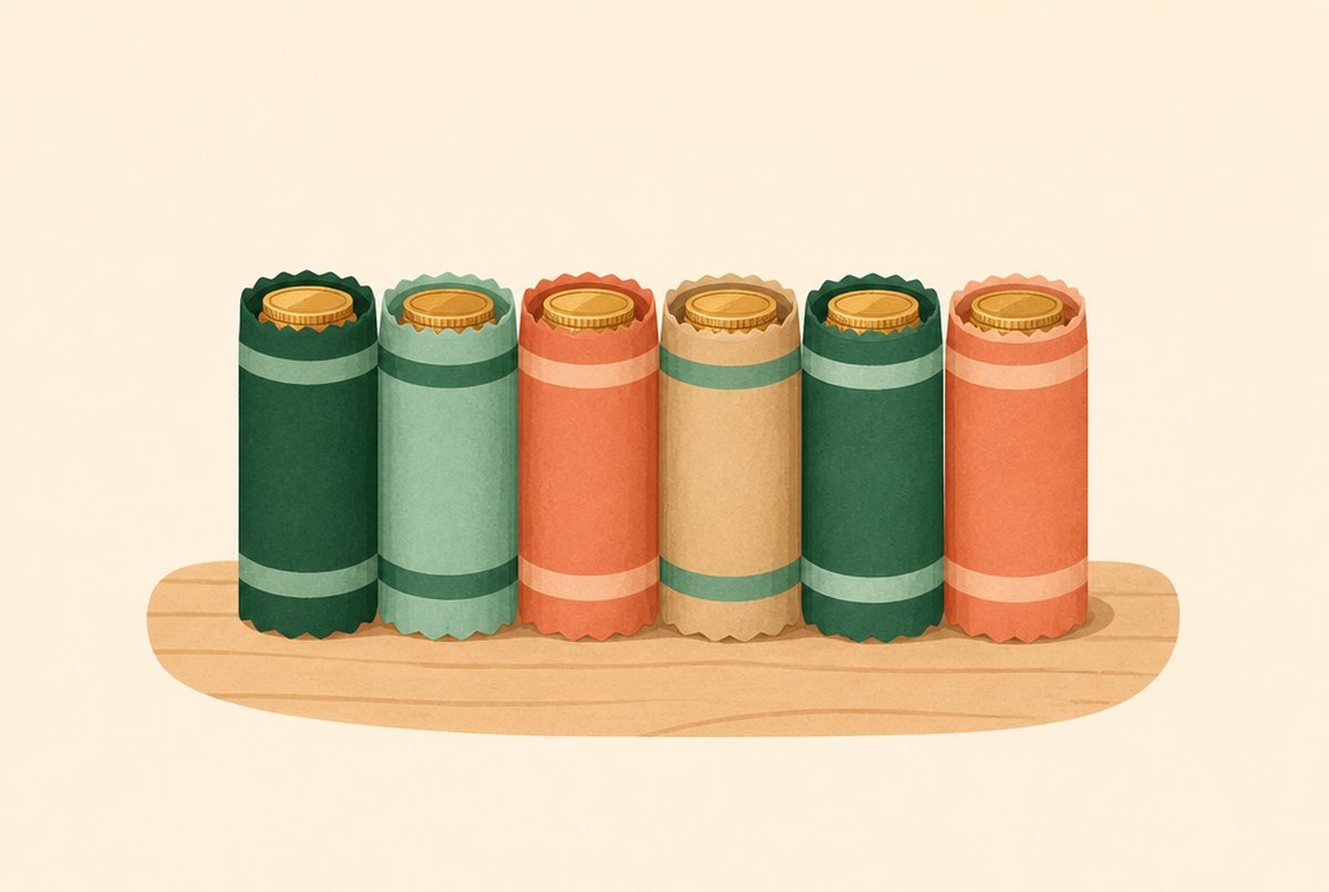 Six wrapped coin rolls in green, teal, orange, and beige standing upright on a light wooden board.