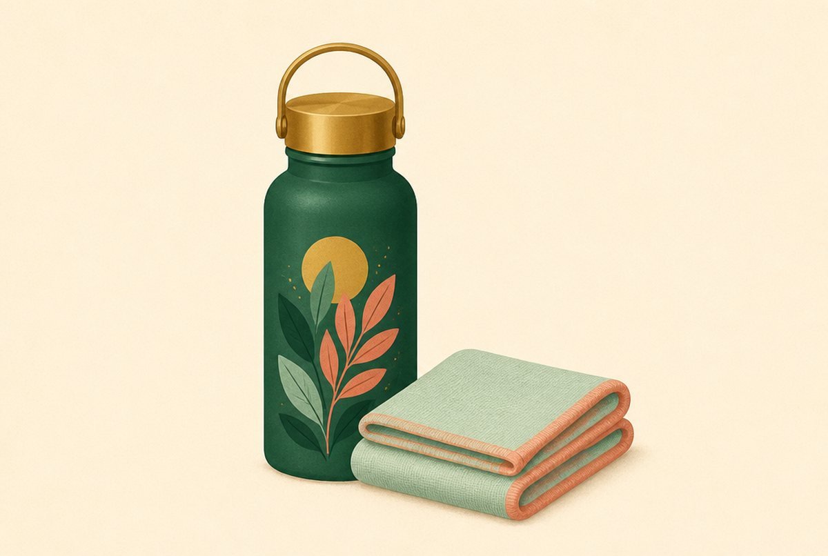 Green reusable water bottle with a gold cap and botanical design, placed next to a pair of light green folded towels on a beige background.